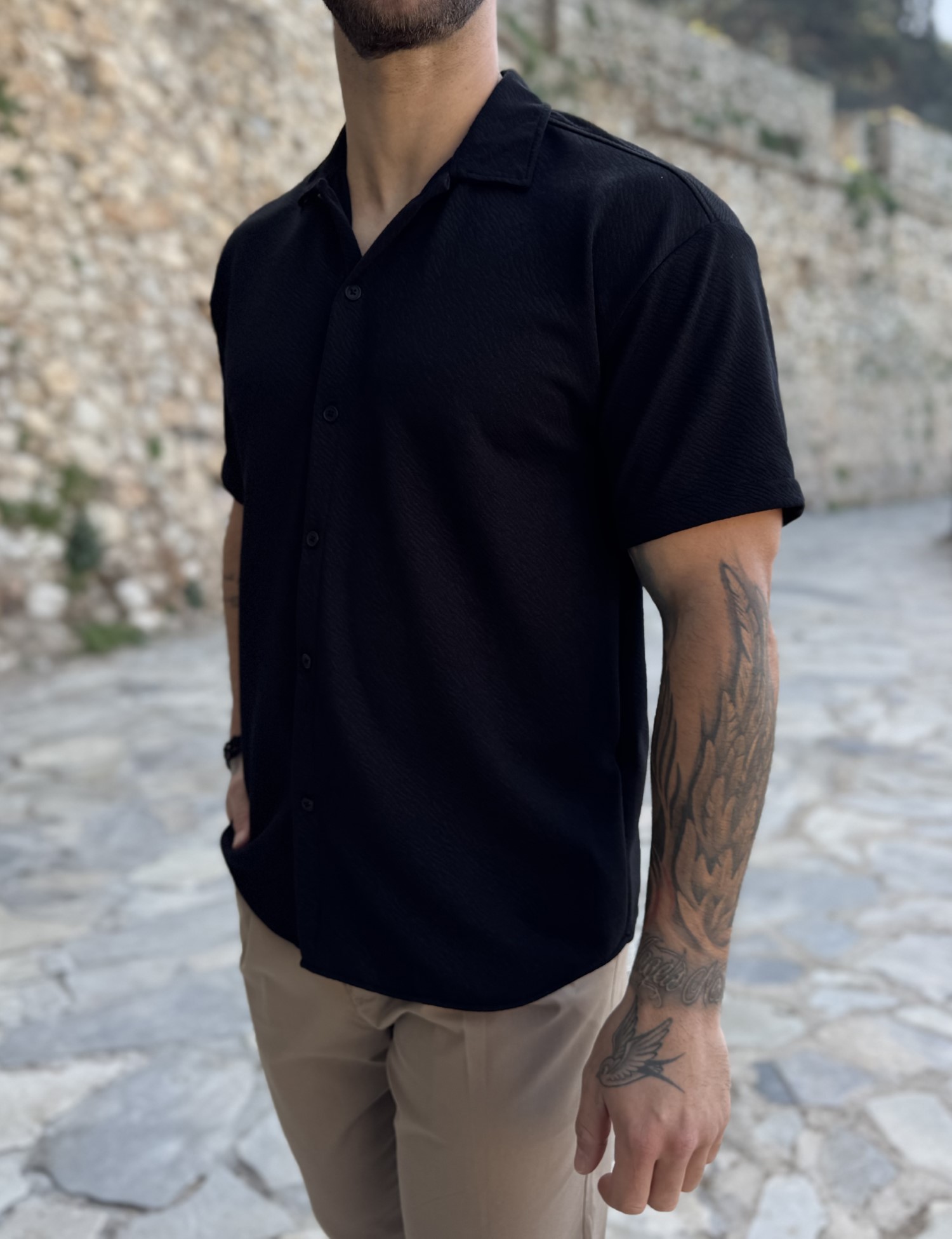 Ανδρικό γκοφρέ μαύρο oversized κοντομάνικο πουκάμισο RMZ19138M φωτογραφία